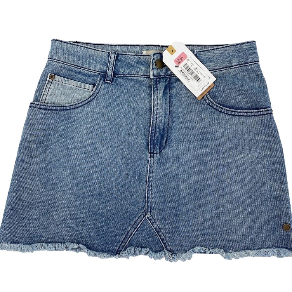 Roxy Java to Lombok Size Small Denim Mini Skirt Blue Raw Hem Womens  Logo NEW